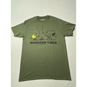 Peanuts Snoopy Woodstock Weekend Vibes Shirt Mens M Olive Green Campfire